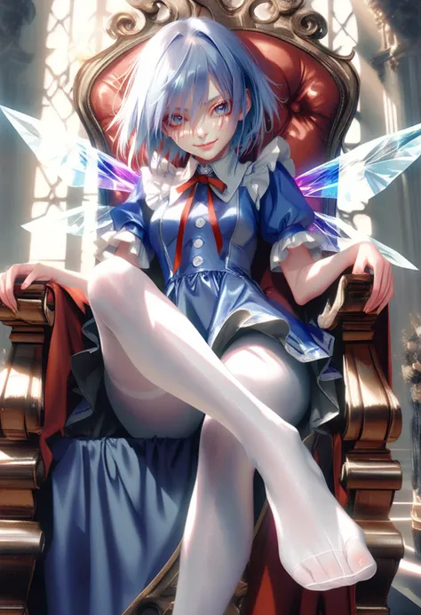 1girl, solo, cirno, touhou, crystal wings, blue hair, blue eyes, bodysuit, by pottsness, pastel, white pantyhose, skindentation, no shoes, sitting, smug
(high quality, detailed, beautiful), shiny, adorable face, detailed beautiful eyes, sunlight, realistic, outstanding, countershading, detailed soft lighting, cinematic vintage photography, legs, throne, arm support, crown