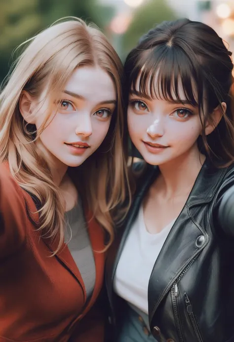 Realistic
2girls,
Women,
Blurred background,
Group Selfie