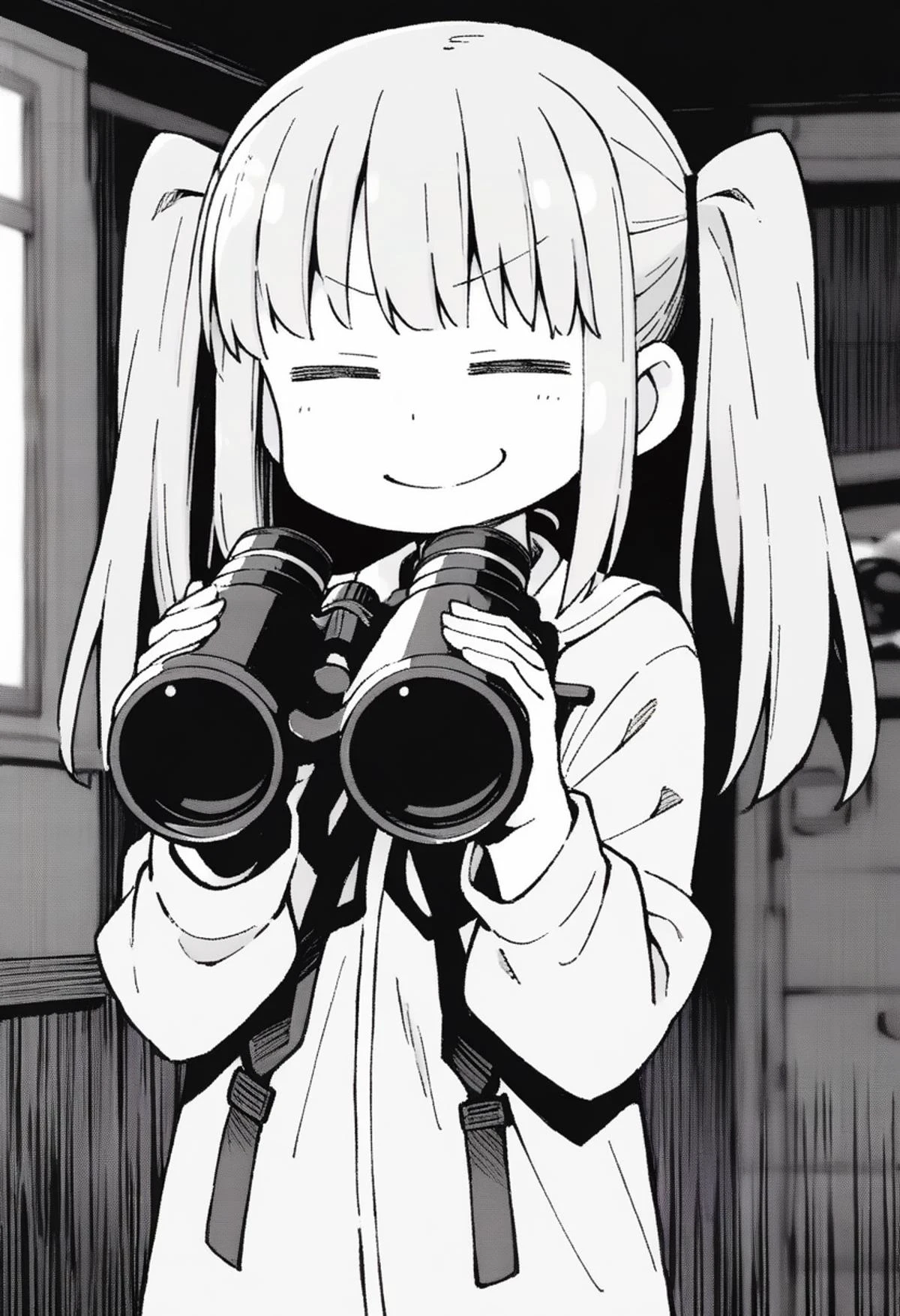 (by nekotoufu:0.5), at night, indoors,
1 girl, solo , twin tails, no shoes, upper body, smug, blurred background, thick lines, holding binoculars, binoculars, spy