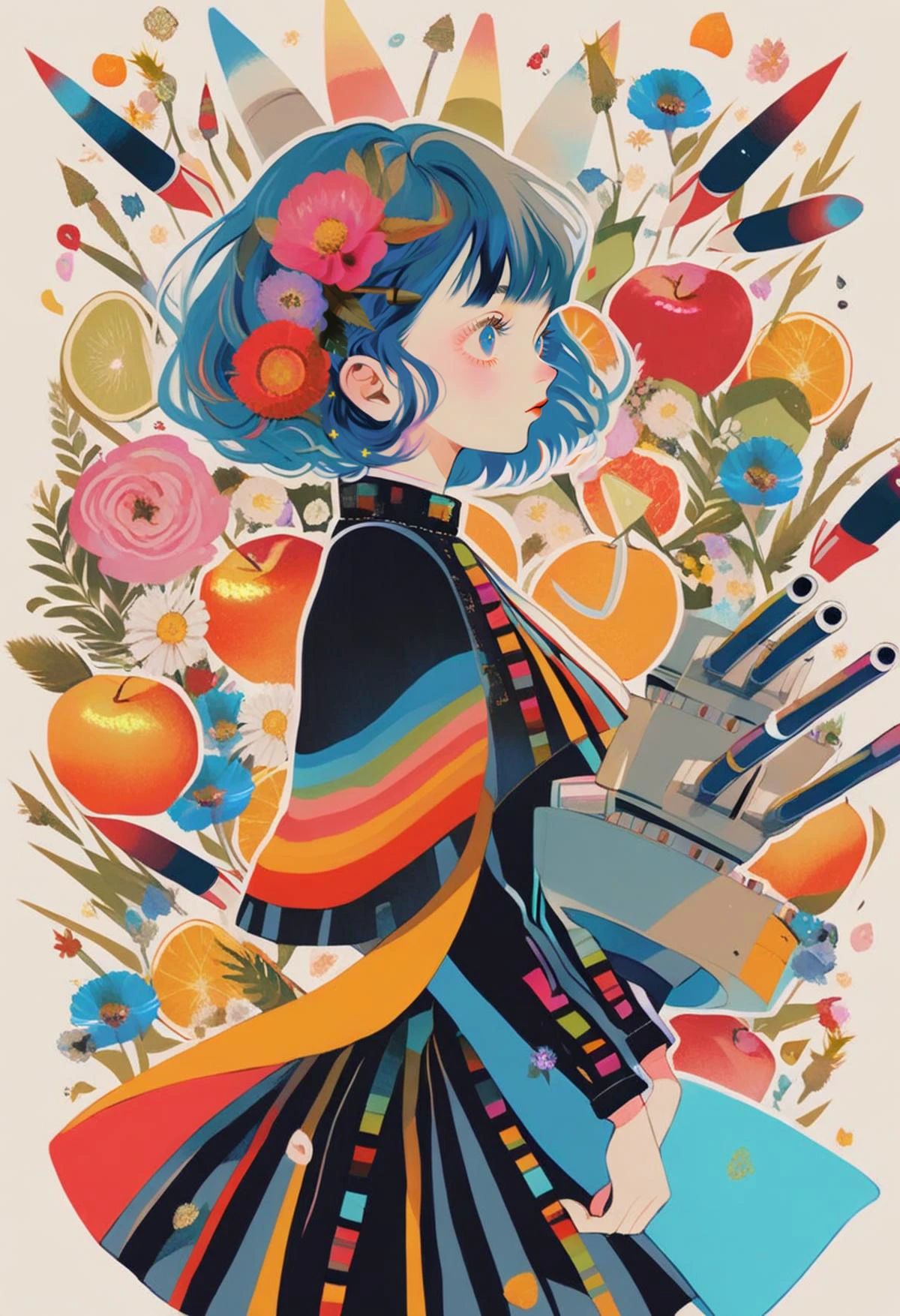 by sannso by yogisya,
1girl, avantgarde ,,flowers, fruit, pantyhose, from side, cannon,rockets, upper body