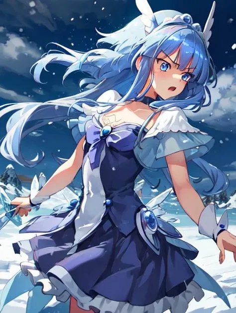 best quality, masterpiece, highres, detailed, perfect anatomy, <lora:Detail - add_detail:0.2> , <lora:CureBeauty:1>, CureBeauty, blue dress, chest pearl, small head wings, headdress, magical girl, ice sword, angry, wind, snow, night, long hair, medium breasts,
