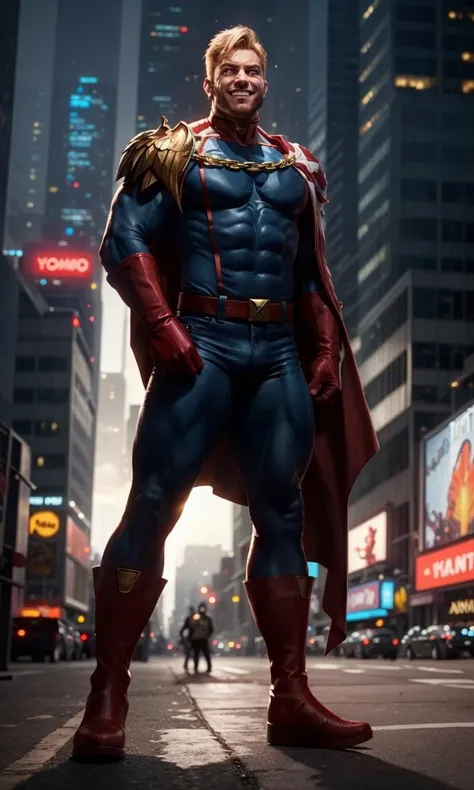 HomelanderComicACC, evil smile, standing in middle of new york city, 8k, uhd, best quality, trending on arstation, masterpiece, 1 man, gold eagle, gold chain,