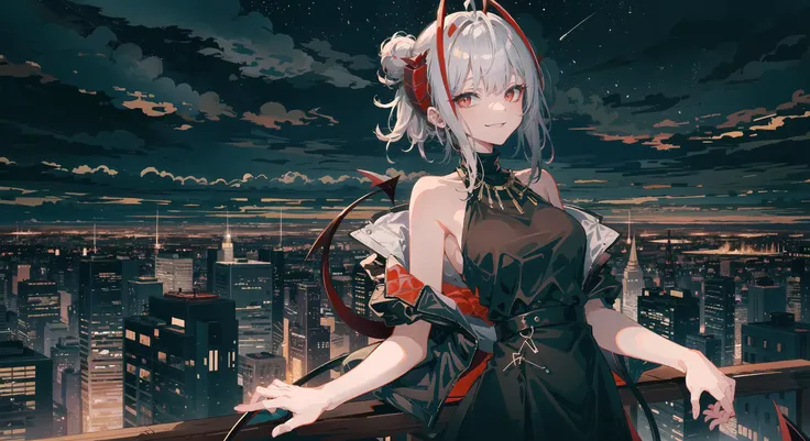 masterpiece, best quality, 1girl, solo focus, cityscape, power lines, cloudy sky, night sky, <lora:WArknightsW8concepts_20:0.7:MIDD>,weveningdress,black dress, evil smile, red eyes, demon tail,