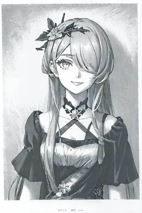 portrait, 1girl, upper body, face focus, highly detailed, best quality, masterpiece
(monochrome:1.2), greyscale, graphite \(medium\), drawing
<lora:Style Monograph_v1:0.9>
seductive smile, looking at viewer,
<lora:Character RitaRossweisseFallenRosemary HI3 v10:0.95> rita rossweisse, rita rossweisse \(fallen rosemary\), rita rossweisse, dress, choker, platinum blonde hair, alternate hair length, long hair, alternate hairstyle, detached sleeves, hair over one eye, eyes visible through hair, hair flower, swept bangs, asymmetrical sleeves, mole under eye