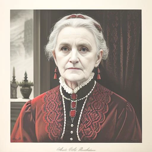 <lora:monograph_v1:0.5> (a detailed drawing of a evil old Irish woman in a red dress, portrait :1) , detailed, historic illustration, gothic, magic, hyperrealistic ,8k,europe,(creepy), white hair, old face, scary ,haunted demon <lora:monochrome :0.5>