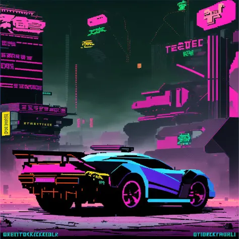 Concept car from Cyberpunk 2077 videogame in pixel art style , reflections, rain, Night City cyberpunk in background , futuristic lighting, concept space-car, racing shot, perspective view, cyberpunk2077, pixel art,