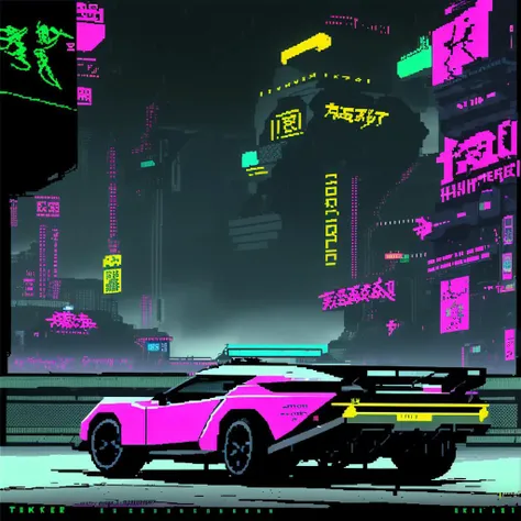 Concept car from Cyberpunk 2077 videogame in pixel art style , reflections, rain, Night City cyberpunk in background , futuristic lighting, concept space-car, racing shot, perspective view, cyberpunk2077, pixel art,
