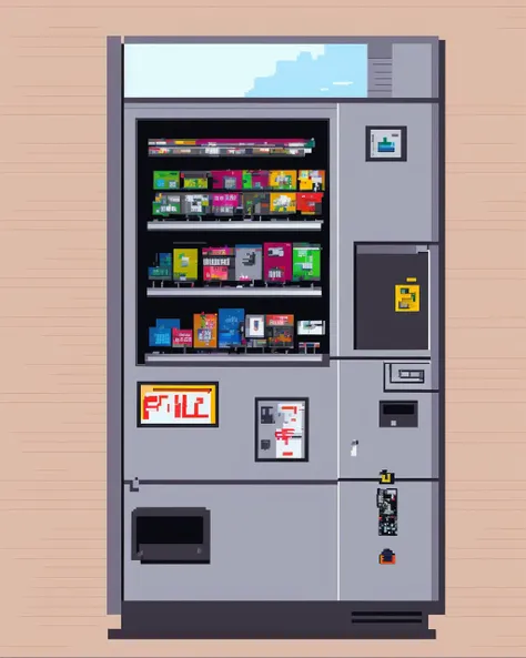 a vending machine sitting outside of a building , pixel art