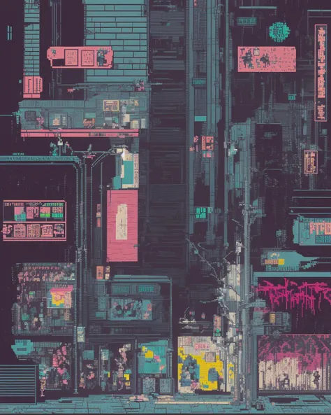 a wall full of graffiti in a cyberpunk city , pixel art,