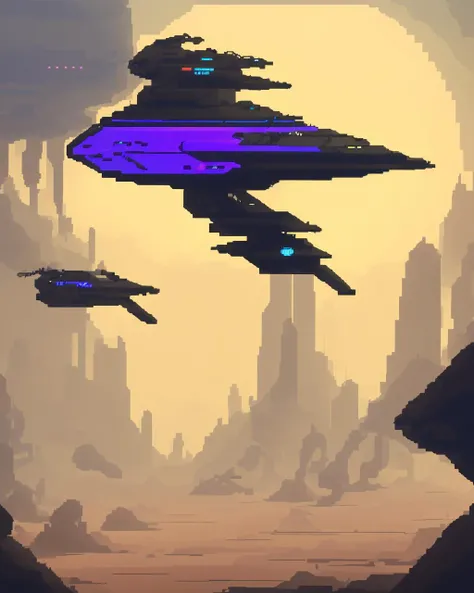 a sci - fiction scene with a spaceship and a spaceship , pixel art