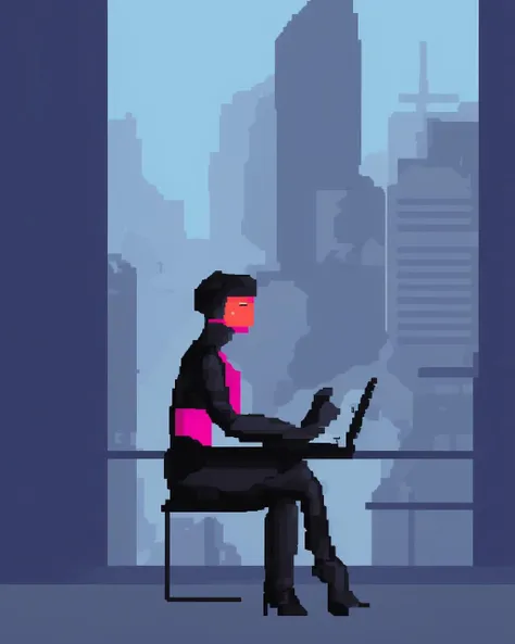 a woman in a futuristic suit sitting on a laptop , pixel art