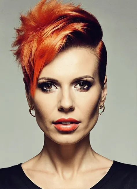 portrait of sks woman by Flora Borsi, style by Flora Borsi, bold, bright colours, orange Mohawk haircut, ((Flora Borsi)), <lora:locon_doda_v1_from_v1_64_32:1.25>