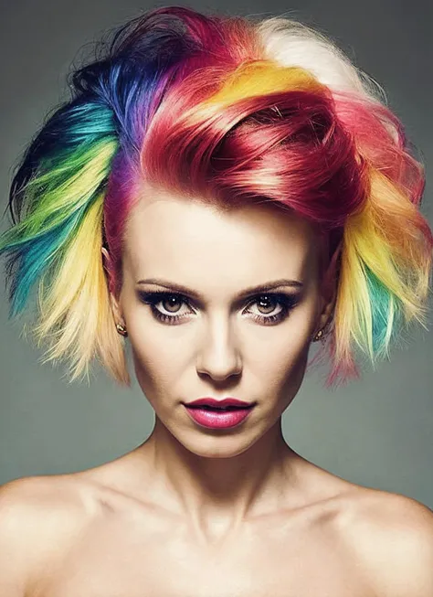 portrait of sks woman by Flora Borsi, style by Flora Borsi, bold, bright colours, rainbow Mohawk haircut, ((Flora Borsi)), <lora:locon_doda_v1_from_v1_64_32:1.25>