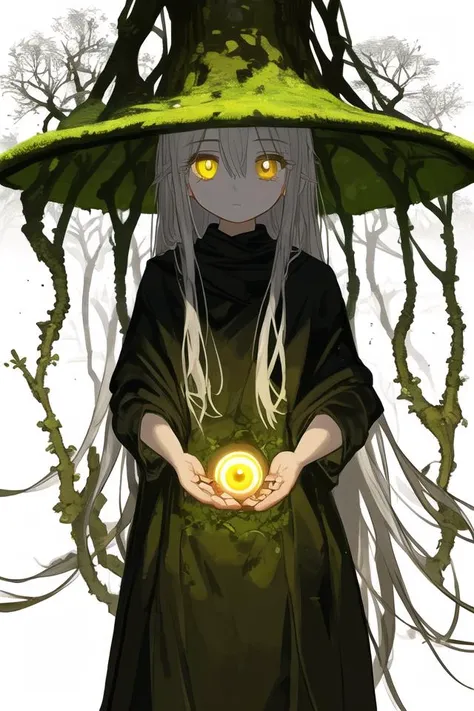 1girl, long hair, yellow eye, detailed pupil, BREAK, tree, eldritch atmosphere