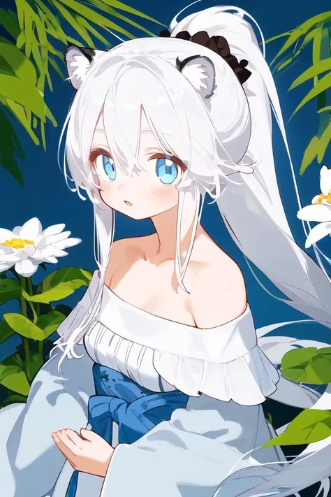 young female, appealing, white hair, long hair, off-shoulder, light blue eye, flower on head, ponytail, tiger theme