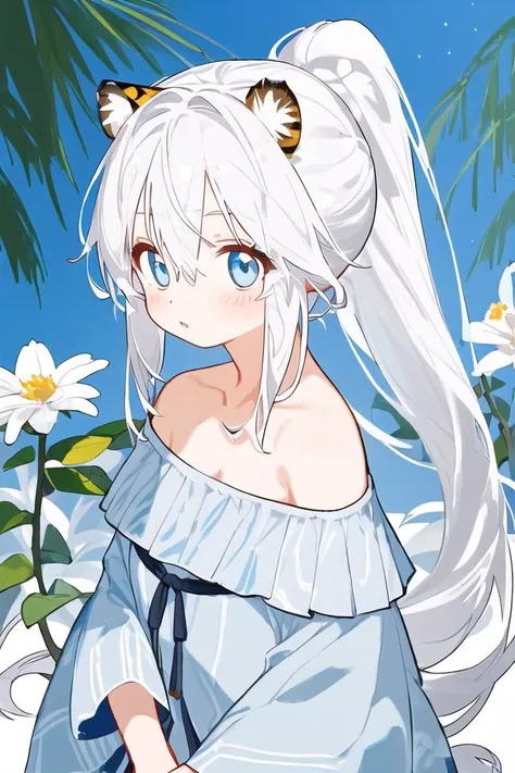 young female, appealing, white hair, long hair, off-shoulder, light blue eye, flower on head, ponytail, tiger theme