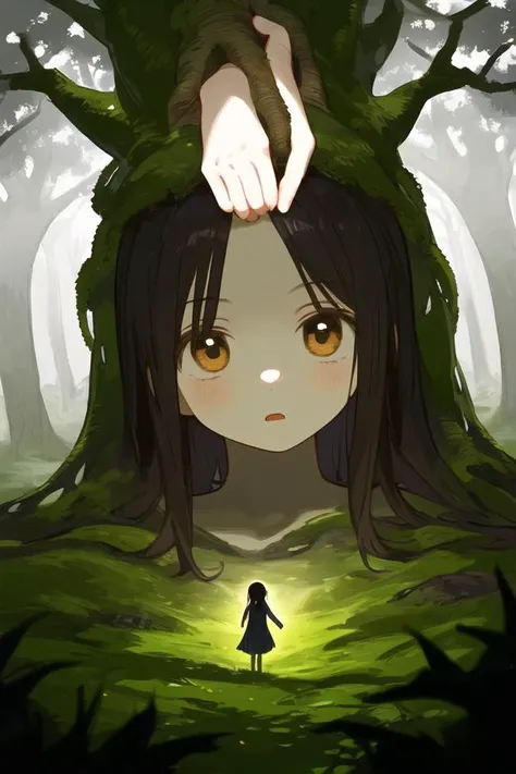 1girl, focus on face, tree, eldritch atmosphere