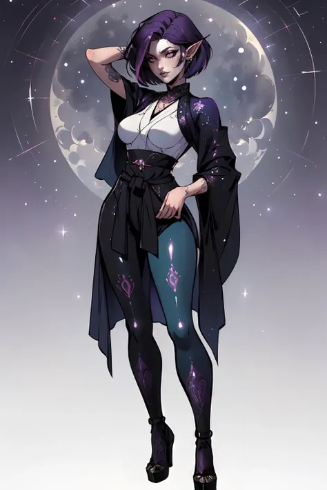 (masterpiece, best_quality, ultra-detailed, immaculate:1.3), epic, illustration, elf ,fantasy assassin  , patterned silk , asymmetrical legwear,, hakama trousers, leg tattoos, tattoos,iridescent purple hair with violet highlights, Undercut,bob cut, , small breasts, slim figure, short, full body, arm behind head, moonlit night, simple background, <lora:Dark_style_art:1>