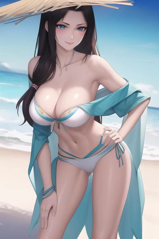 score_9, score_8_up, score_7_up, score_9, source_anime, BREAK   HinataSDXL, 1girl, NSFW, solo, long hair, breasts, perky breasts, nipples protruding through bikini top, looking at viewer, smile, bangs, dark hair, large breasts, simple background, white background, navel, cleavage, bare shoulders, brown eyes, jewelry, closed mouth, standing, collarbone, swimsuit, bikini, thighs, super thin waist, japanese clothes, open clothes, kimono, stomach, huge breasts, highleg, white bikini, thick thighs, curvy, robe, mature female, highleg bikini, open kimono, Hinata Hyuga