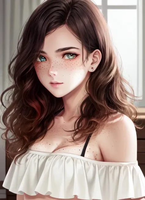 ((best quality)), ((highly detailed)), masterpiece, extremely detailed face, beautiful face, (detailed eyes, deep eyes), (1girl), from the side, upper body, <lora:TrueOffShoulderBikini:1>, off-shoulder bikini, <lora:hairdetailer:.7>, red head, red hair, vibrant green eyes, ((freckles)), body freckles, (indoors, in a bedroom)