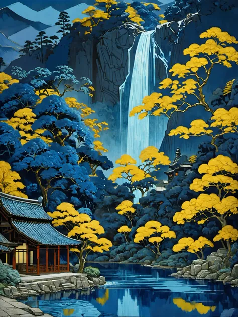 Lacquer painting landscapes,Heavy, textured, lacquered. Arts  and  Crafts, Extreme Detail, Texture, Best Quality, Masterpieces, Award-Winning Works, Official Art.(as style,outdoors,lake,water fall,trees,mountain),(((masterpiece,best quality))),A monk in yellow clothes is by the water's edge,1boy,night,blue theme,