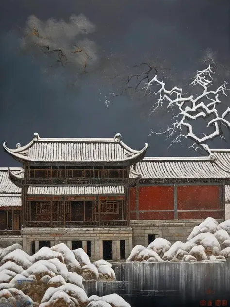 Lacquer painting landscapes,lacquer painting,Ancient Chinese dwelling, heavy snow, snowflakes, dark background, sense of history, heavy, texture, lacquer. Arts  and  Crafts, Extreme Detail, Texture, Best Quality, Masterpieces, Award-Winning Works, Official Art.