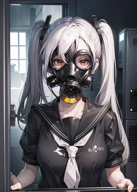 (1girl, white hair, twintails hair) (digital) (in detailed cooling tower, (pov doorway, black serafuku, latex, gas mask)) , best quality, <lora:boldline:0.2>  <lora:hairdetailer:0.2> gasmask, <lora:gasmask:0.8>