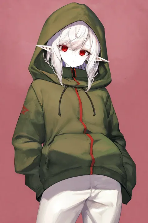<lyco:style_ichini-10:1.0>, cowboy shot, solo, 1girl, pale skin, pointy ears, expressionless, looking at viewer, white hair, hood up, red eyes, jacket, cargo pants, simple background