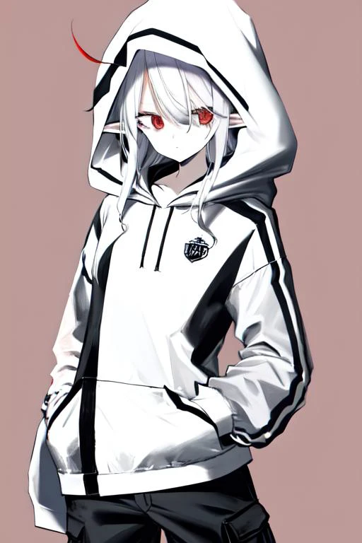 <lora:style_ichini-10:1> cowboy shot, solo, 1girl, pale skin, pointy ears, expressionless, looking at viewer, white hair, hood up, red eyes, jacket, cargo pants, simple background