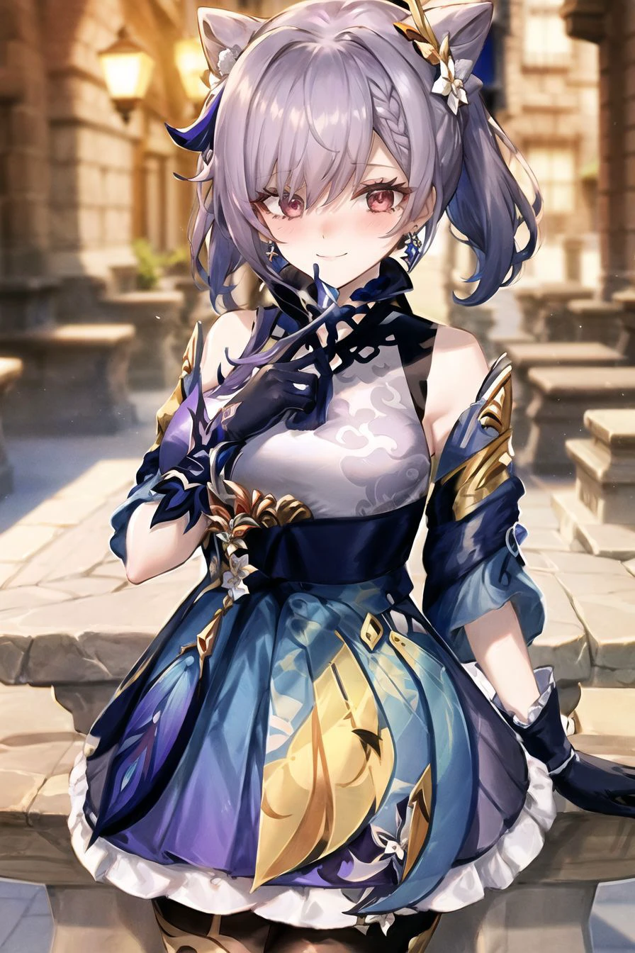 keqing \(genshin impact\),<lora:keqingGenshinImpact3in1_v10:1>
looking at viewer,
keqing (piercing thunderbolt) (genshin impact), keqing (genshin impact), pantyhose, hair bun, purple hair, gloves, twintails, long hair, purple eyes, diamond-shaped pupils, bare shoulders, hair ornament, black pantyhose, cone hair bun, detached sleeves,dress, jewelry, medium breasts, earrings, bangs, frills, purple dress, black gloves, braid, skirt, smile, blush, hand on own cheek,
<lora:style_ichini-10:0.8:OUT8>