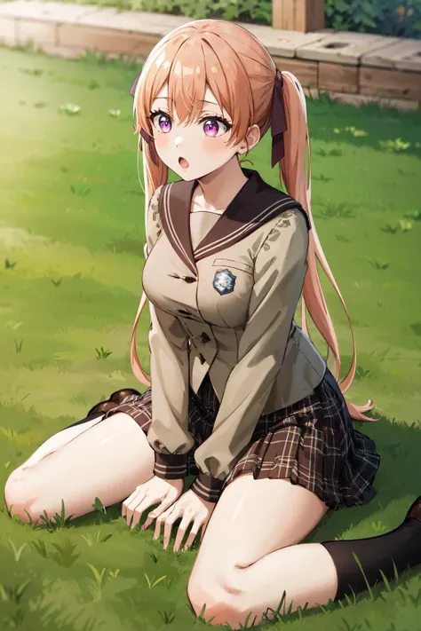 masterpiece, best quality, highres, aaerika, long hair, twintails, hair ribbon, school uniform, serafuku, sailor collar, long sleeves, plaid skirt, brown skirt, <lora:amano_erika_v1:0.7>, :o, wariza, grass, sitting