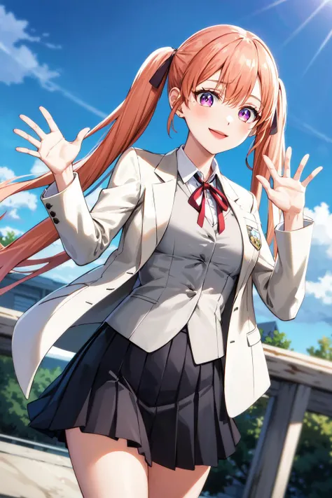 masterpiece, best quality, highres, aaerika, long hair, twintails, hair ribbon, school uniform, neck ribbon, collared shirt, white jacket, black skirt, pleated skirt, <lora:amano_erika_v1:0.7>, standing, cowboy shot, outdoors, smile, waving