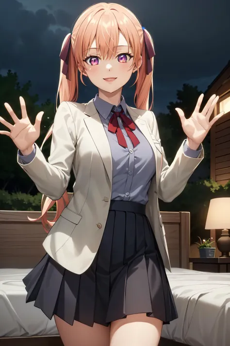 (masterpiece, best quality:1.2), extremely detailed, ambient soft lighting, 4K,
1girl, solo, standing, bed, aaerika, long hair, twintails, hair ribbon, school uniform, neck ribbon, collared shirt, white jacket, black skirt, pleated skirt, <lora:amano_erika_v1:0.7>, standing, cowboy shot, outdoors, smile, waving