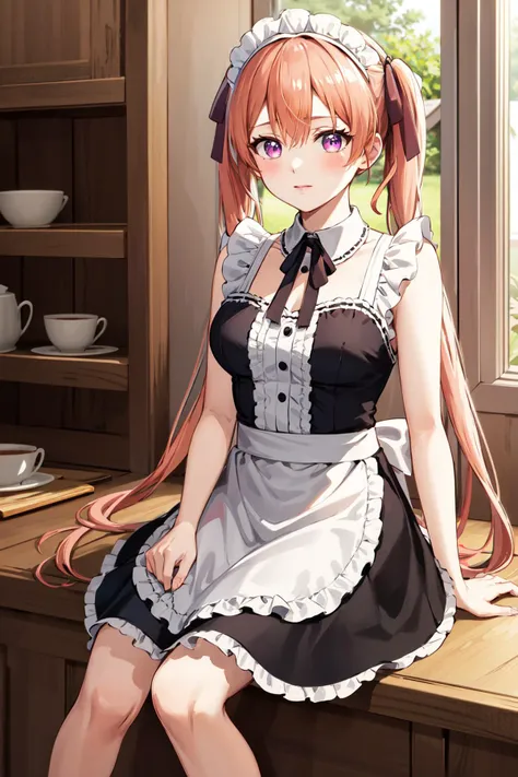 masterpiece, best quality, highres, aaerika, long hair, twintails, hair ribbon, <lora:amano_erika_v1:0.7>, maid headdress, maid, indoors, v arms,