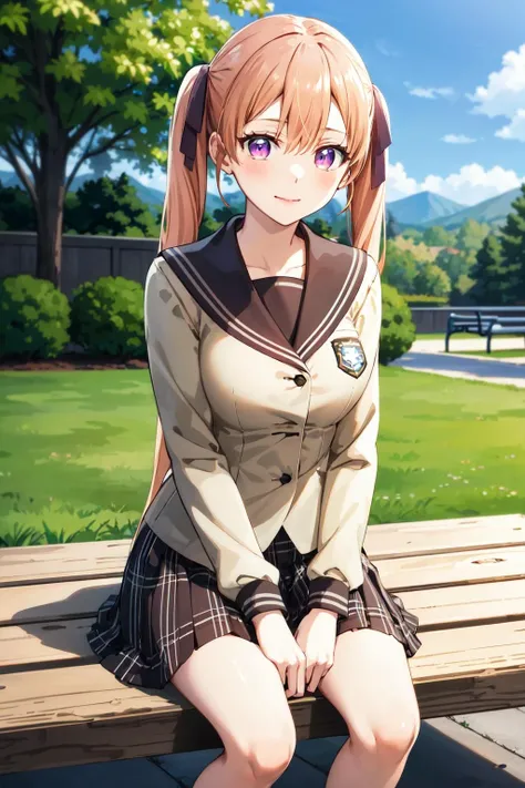 masterpiece, best quality, highres, aaerika, long hair, twintails, hair ribbon, school uniform, serafuku, sailor collar, long sleeves, plaid skirt, brown skirt, <lora:amano_erika_v1:0.7>, sitting, bench, outdoors