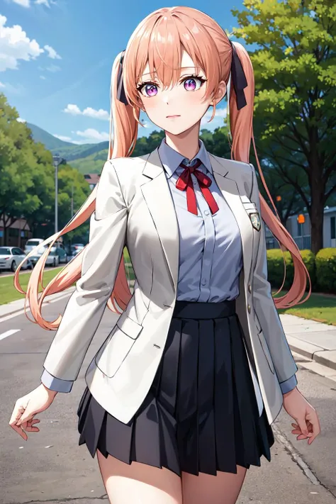 masterpiece, best quality, highres, aaerika, long hair, twintails, hair ribbon, school uniform, neck ribbon, collared shirt, white jacket, black skirt, pleated skirt, <lora:amano_erika_v1:0.7>, standing, cowboy shot, outdoors,