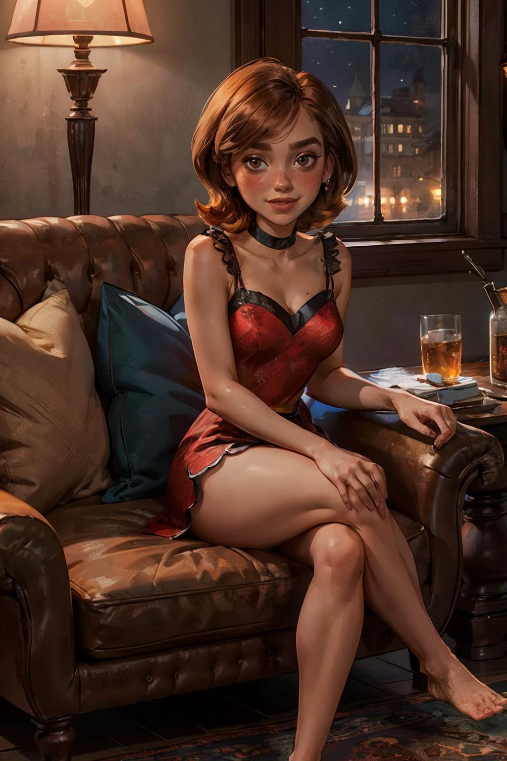 helenparr, short brown hair, brown eyes, wearing nightgown, looking at viewer, seductive smile, blush, sitting, on sofa, legs crossed, thighs, lamp, soft lighting, night time, high quality, masterpiece <lora:HelenParr:.7>
