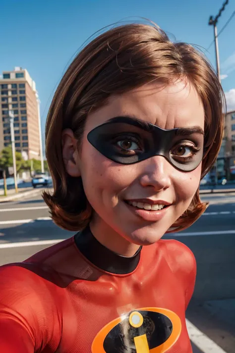 helenparr, short brown hair, brown eyes, domino mask, red bodysuit, looking at viewer, smiling, close up portrait, outside, cityscape, blue sky, high quality, masterpiece <lora:HelenParr:.8>
