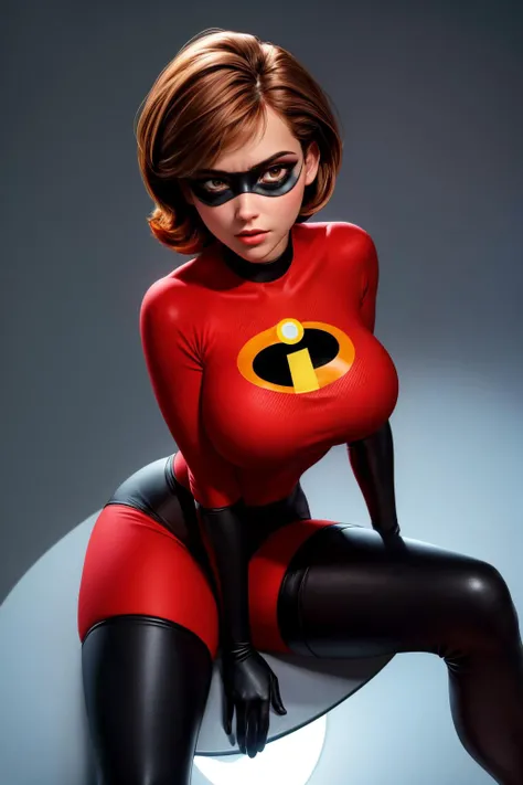 Queen's Stallion, latex skin, shiny skin, latex hair, shiny hair, futanari, horsecock futanari, eyes rolling back, inflatable hair, plastic hair, seam lines, dollification, helenparrSDXL,1girl,short hair,brown hair,thighhighs,gloves,brown eyes,red bodysuit,superhero,domino mask,black gloves,cowboy shot, 1girl