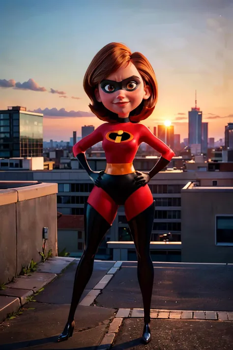 helenparr, short brown hair, brown eyes, domino mask, bodysuit, belt, gloves, thigh boots, looking at viewer, smiling, full body shot, standing, hands on hips, outside, buidling roof, cityscape, dusk, sunset, masterpiece <lora:HelenParr:.8>
