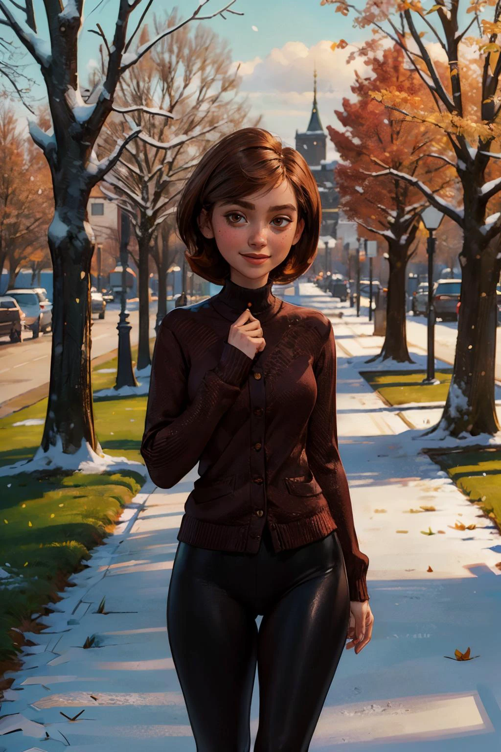 helenparr, short brown hair, brown eyes, cardigan jacket, turtleneck sweater, leggings, looking at viewer, smiling, medium shot, standing, outside, park, grass, trees, autumn, snow, overcast, high quality, masterpiece <lora:HelenParr:.7>