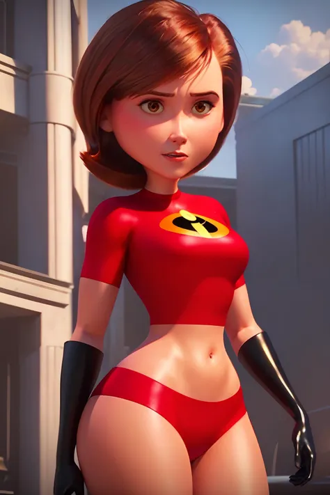 (rule of thirds), (masterpiece), (highly detailed), (HelenParr, 1girl, brown hair, short hair, brown eyes, bikini, solo focus,) <lora:HelenParr:0.8>, Red suit, gloves,