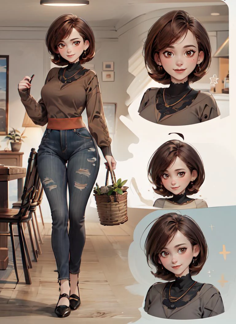 ((best quality)), ((highly detailed)), absurdres, extremely detailed face, beautiful face, (detailed eyes, deep eyes), (1girl), <lora:CharacterDesign_Concept:.8>, (CharacterSheet:1), (multiple views, full body, upper body, reference sheet:1), full body}, <lora:hairdetailer:.7>, <lora:HelenParr:.8>, helenparr, brown hair, brown eyes, smiling, ((grey sweater)), long sleeves, jeans, shoes, (indoors, in a dining room)