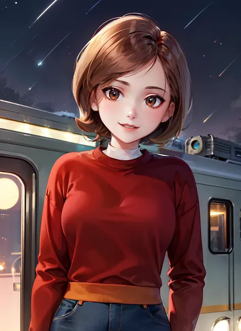 ((best quality)), ((highly detailed)), absurdres, (detailed eyes, deep eyes), (1girl), depth of field, upper body}, <lora:HelenParr:.9>, helenparr, brown hair, brown eyes, smiling, ((grey sweater)), long sleeves, jeans, shoes, (outside, in a train station, evening, night sky, stars, full moon, shooting star)