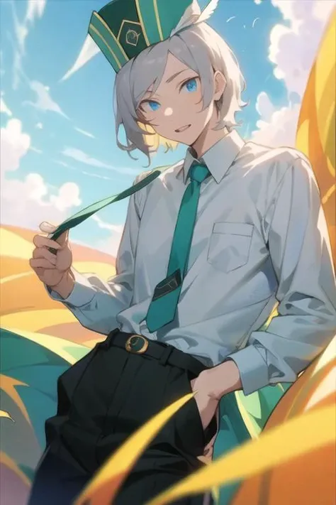 masterpiece, best quality, , 1boy, solo, male focus, looking at viewer, , , <lora:otto_suwen:0.68>, otto_suwen, grey hair, blue eyes, formal, necktie, dress shirt, hat