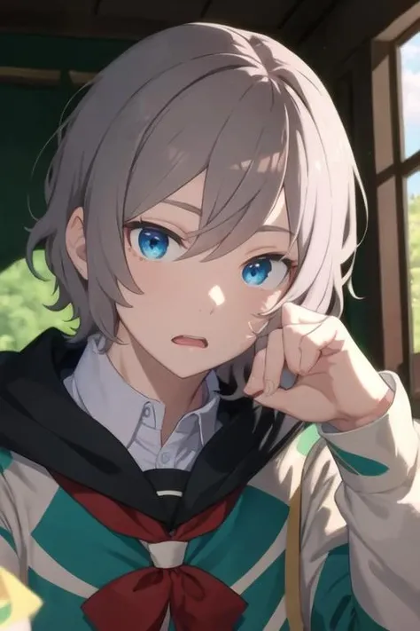 masterpiece, best quality, , 1boy, solo, male focus, looking at viewer, upper body, , <lora:otto_suwen:0.74>, otto_suwen, grey hair, blue eyes, school uniform,
