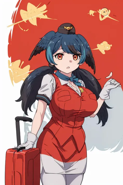 passenger pigeon \(kemono friends\), 1girl, solo, head_wings, feathered_wings, bird_tail, multicolored_hair, blue_hair, black_hair, long_hair, low_ponytail, twintails, eyebrows_visible_through_hair, empty_eyes, brown eyes, large_breast, garrison cap, japari_symbol, pantyhose, blue_bowtie, bow, white_gloves, red_vest, white_shirt, short_sleeves, pencil_skirt, multicolored_skirt, red_skirt, white_skirt, breast_pocket, multicolored_clothes, travel_attendant, luggage, rolling_suitcase
<lora:Passenger_Pigeon_(Kemono_Friends)_v1.0-000006:0.8>