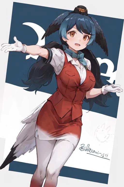 passenger pigeon \(kemono friends\), 1girl, solo, head_wings, feathered_wings, bird_tail, multicolored_hair, blue_hair, black_hair, long_hair, low_ponytail, twintails, eyebrows_visible_through_hair, empty_eyes, brown eyes, large_breast, garrison cap, japari_symbol, pantyhose, blue_bowtie, bow, white_gloves, red_vest, white_shirt, short_sleeves, pencil_skirt, multicolored_skirt, red_skirt, white_skirt, breast_pocket, multicolored_clothes, travel_attendant
<lora:Passenger_Pigeon_(Kemono_Friends)_v1.0-000006:0.7>