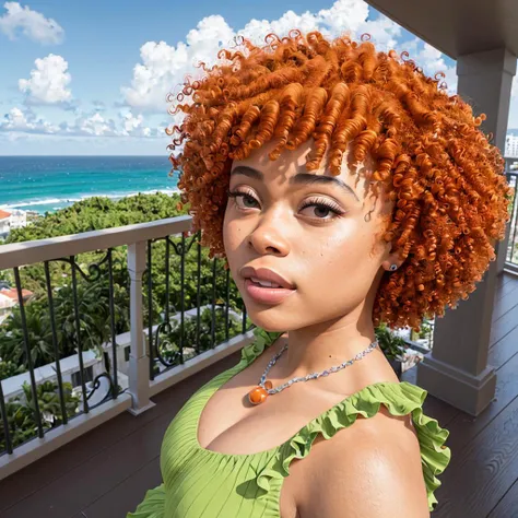 photo realistic, masterpiece, best quality, icespice <lora:incespicev02:1> , solo, on a balcony overseeing the ocean, full body, tough out, green dress, curly (orange Afro) ,(close up) photo shoot, ray traced lighting, high resolution, 8k, realistic, photo, depth of field