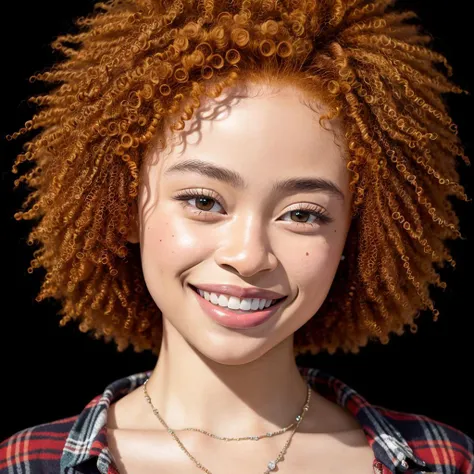 photo realistic, masterpiece, best quality, icespice <lora:incespicev02:1>>,  solo, smiling, head shot, flannel shirt, fluffy Afro, finely detailed skin, photograph, high resolution, 8k, realistic, photo, depth of field